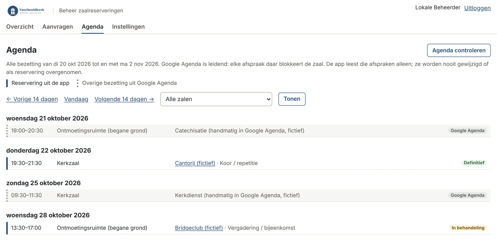De Agenda-pagina in Kerckh.: reserveringen uit Kerckh. en afspraken die rechtstreeks in Google Agenda staan, naast elkaar.