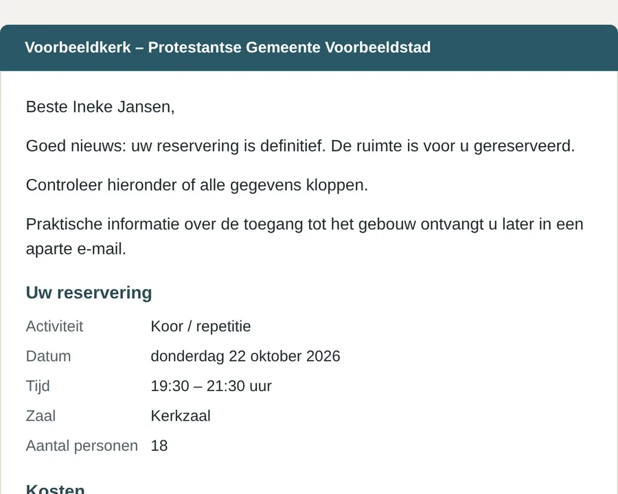 Bevestigingsmail aan de aanvrager, namens de kerk.